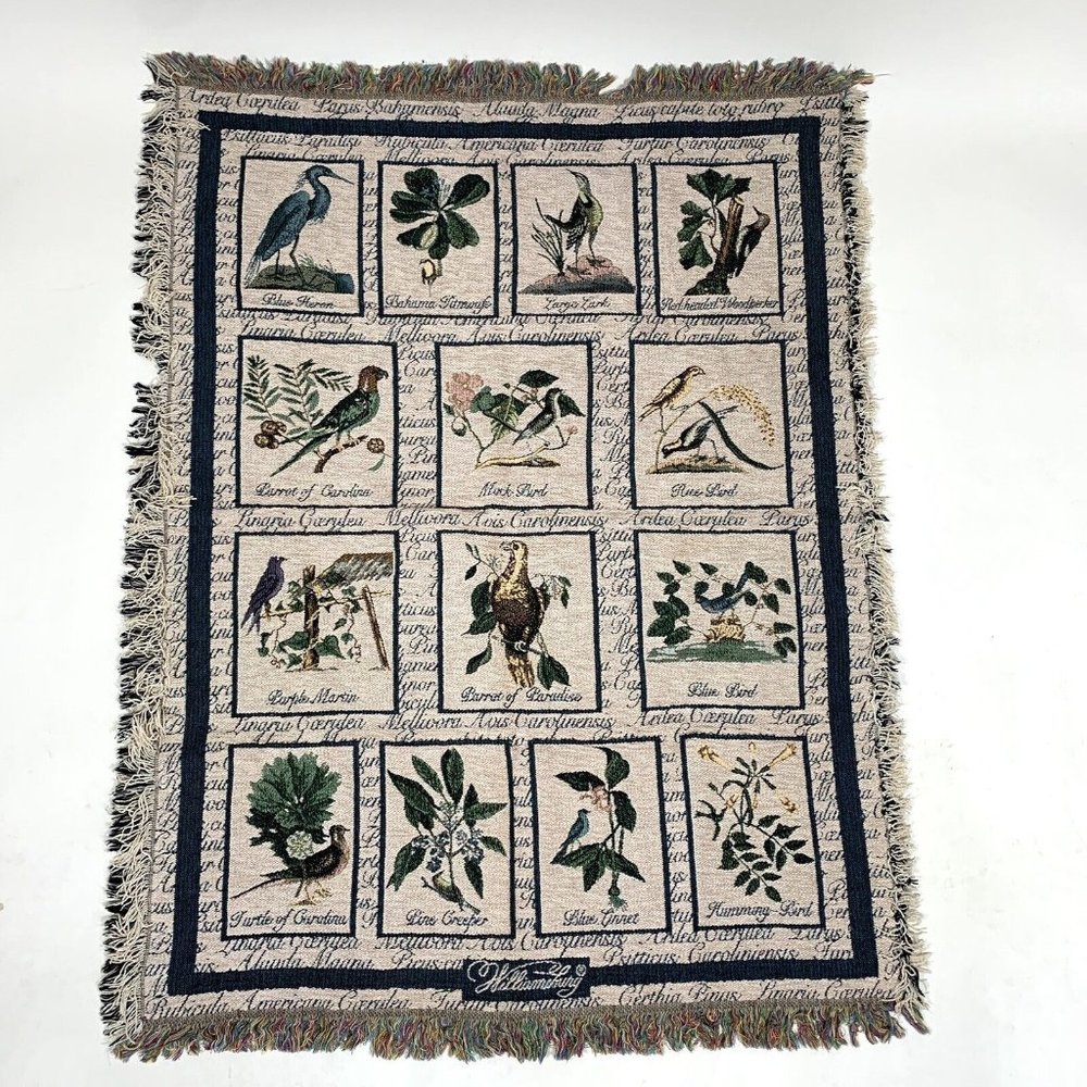 Vintage Tapestry Afghan Woven Blanket Birds Williamsburg 52” x 40"